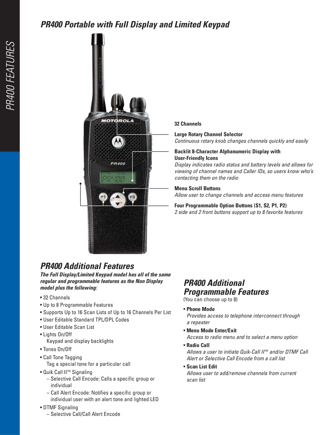 Motorola manual PR400 Portable with Full Display and Limited Keypad, PR400 Additional Features 