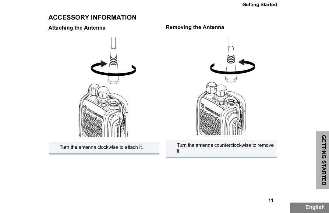 Motorola PR860 manual Accessory Information, Attaching the Antenna Removing the Antenna 