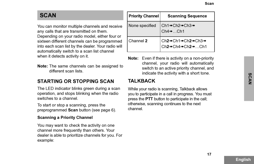 Motorola PR860 manual Starting or Stopping Scan, Talkback, Scanning Sequence, Scanning a Priority Channel 