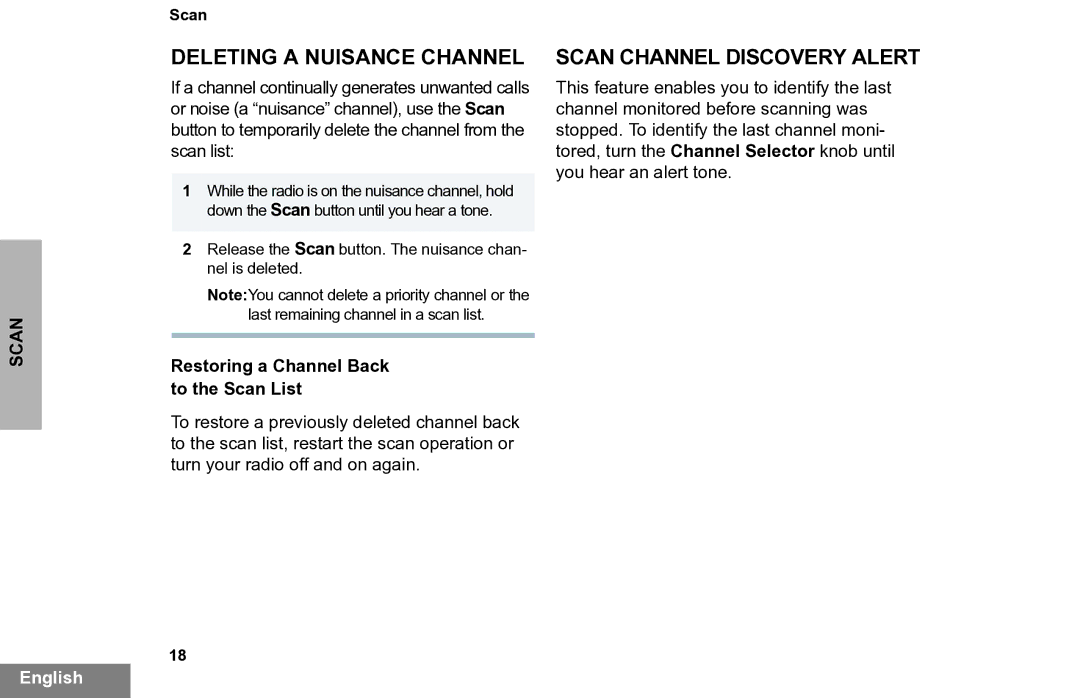 Motorola PR860 manual Deleting a Nuisance Channel, Scan Channel Discovery Alert, Restoring a Channel Back to the Scan List 