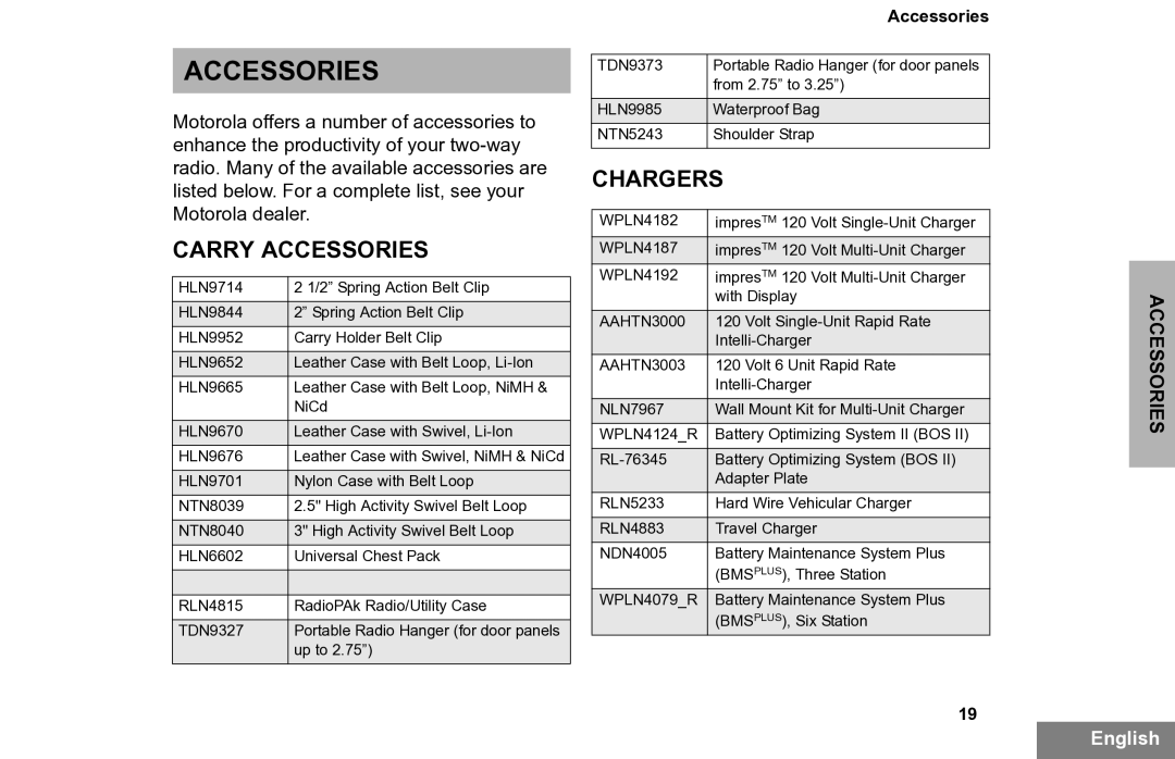 Motorola PR860 manual Carry Accessories, Chargers 