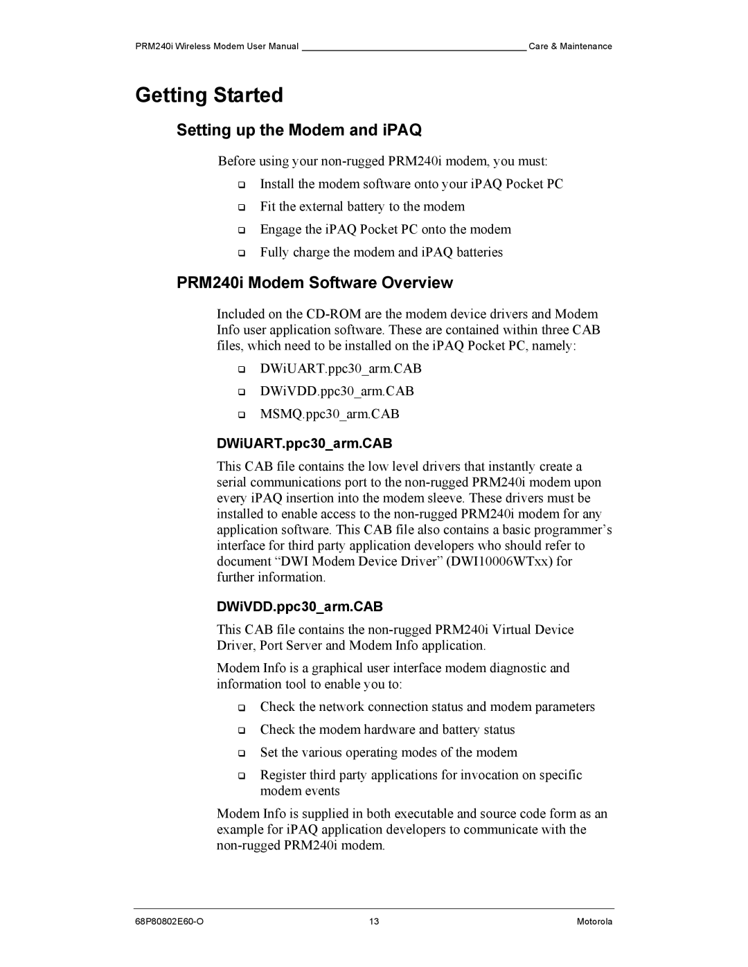 Motorola PRM240 i Getting Started, Setting up the Modem and iPAQ, PRM240i Modem Software Overview, DWiUART.ppc30arm.CAB 