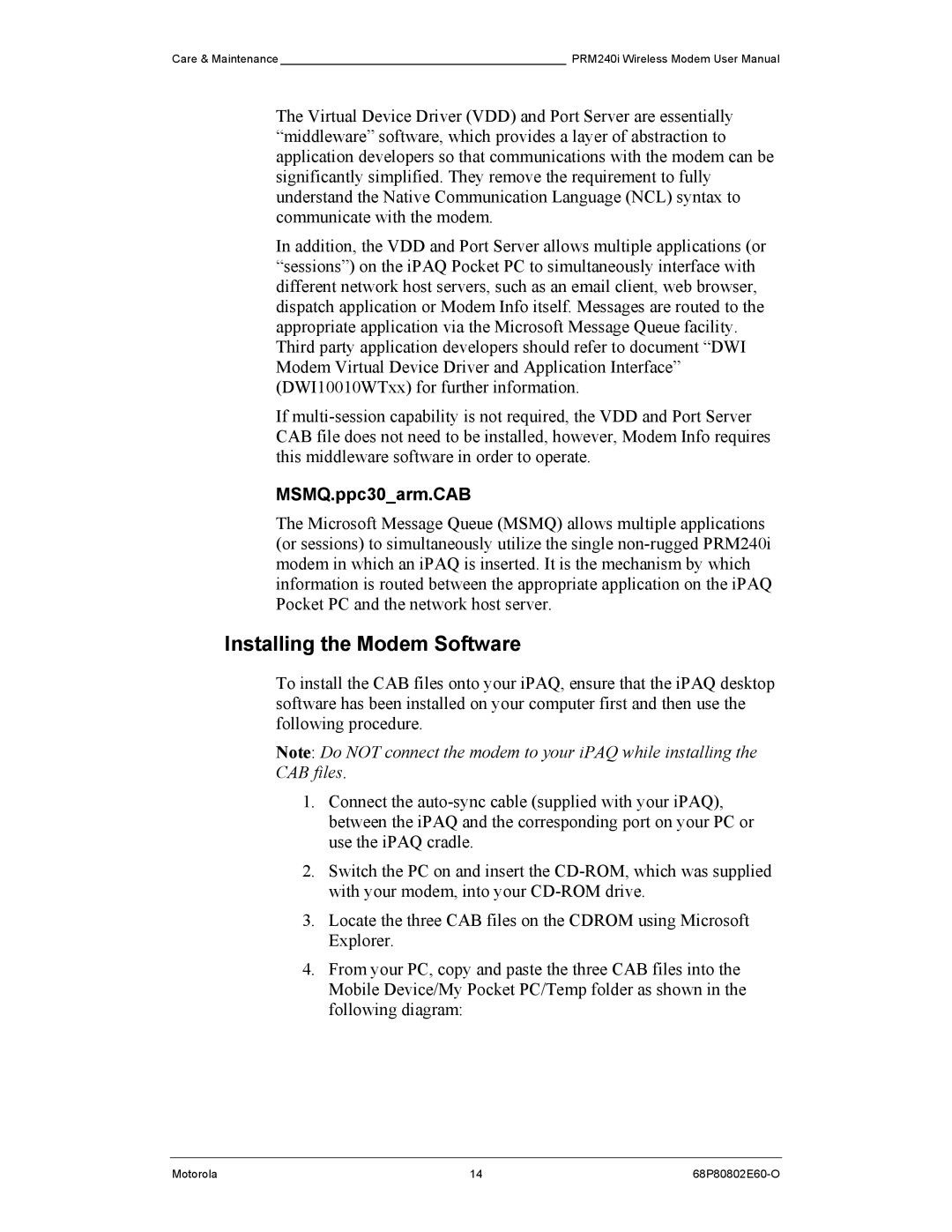 Motorola PRM240 i user manual Installing the Modem Software, MSMQ.ppc30arm.CAB 