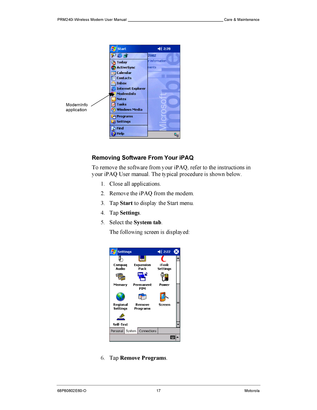 Motorola PRM240 i user manual Removing Software From Your iPAQ, Tap Settings, Tap Remove Programs 