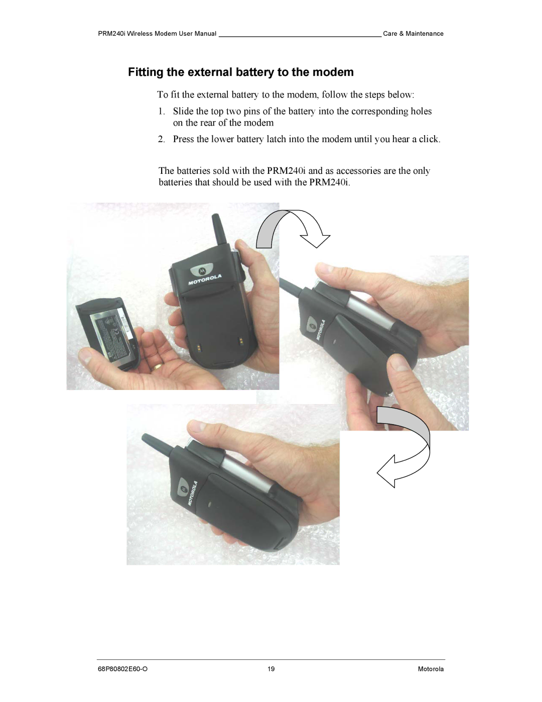 Motorola PRM240 i user manual Fitting the external battery to the modem 