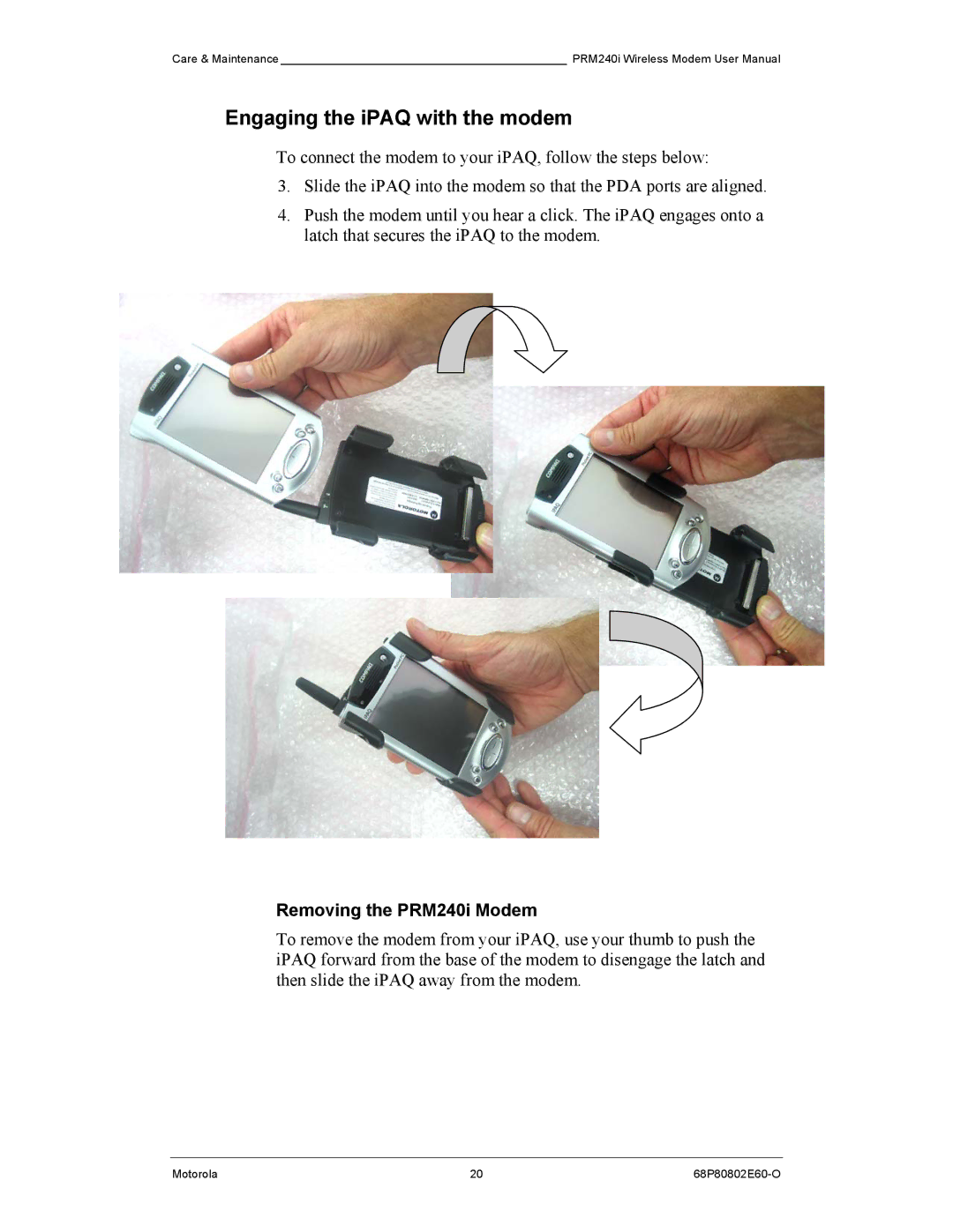 Motorola PRM240 i user manual Engaging the iPAQ with the modem, Removing the PRM240i Modem 