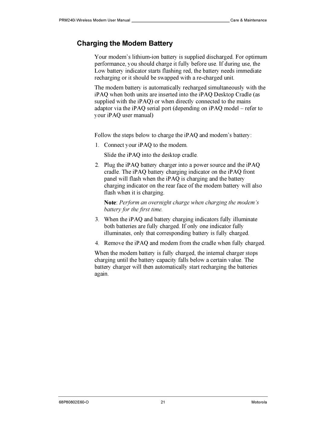 Motorola PRM240 i user manual Charging the Modem Battery 