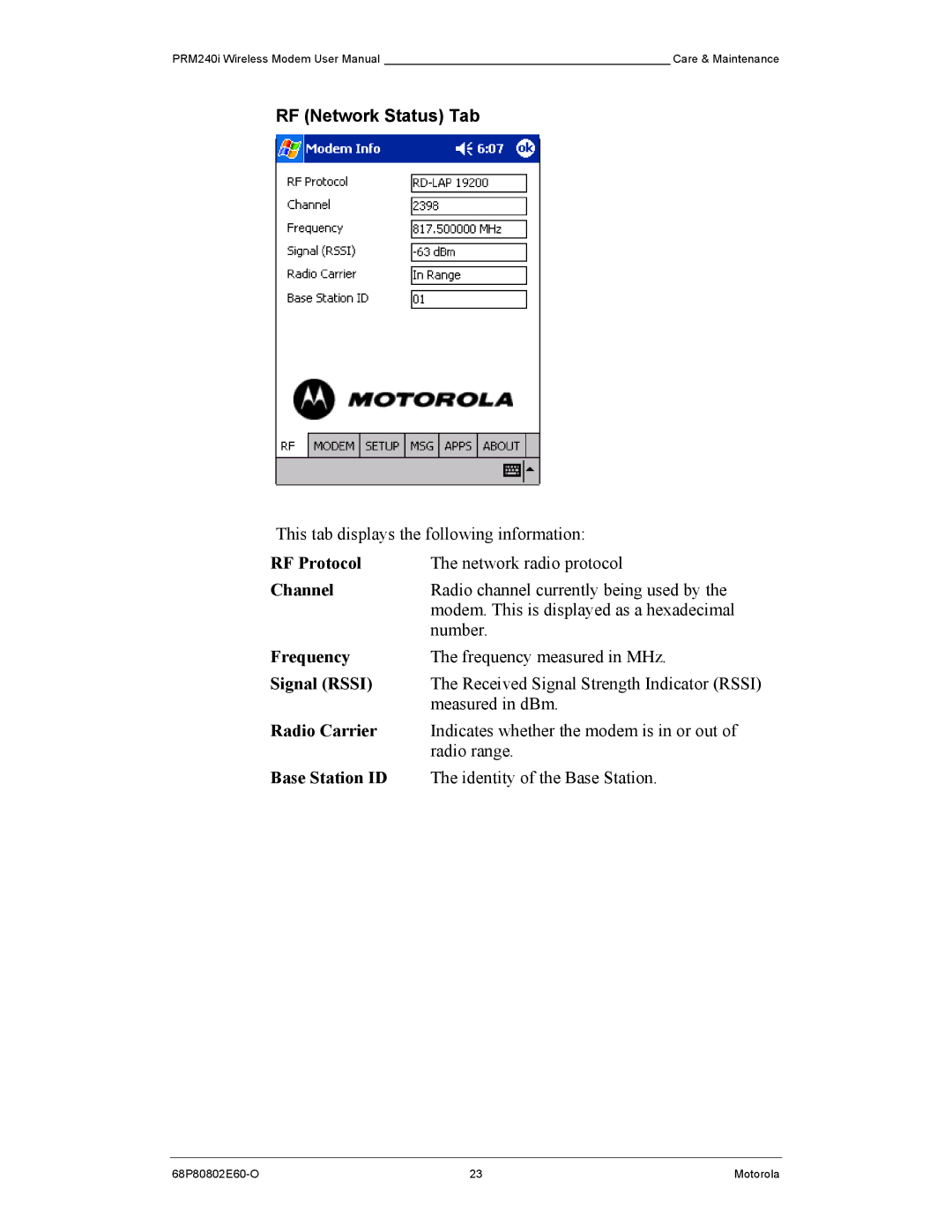 Motorola PRM240 i user manual RF Network Status Tab 