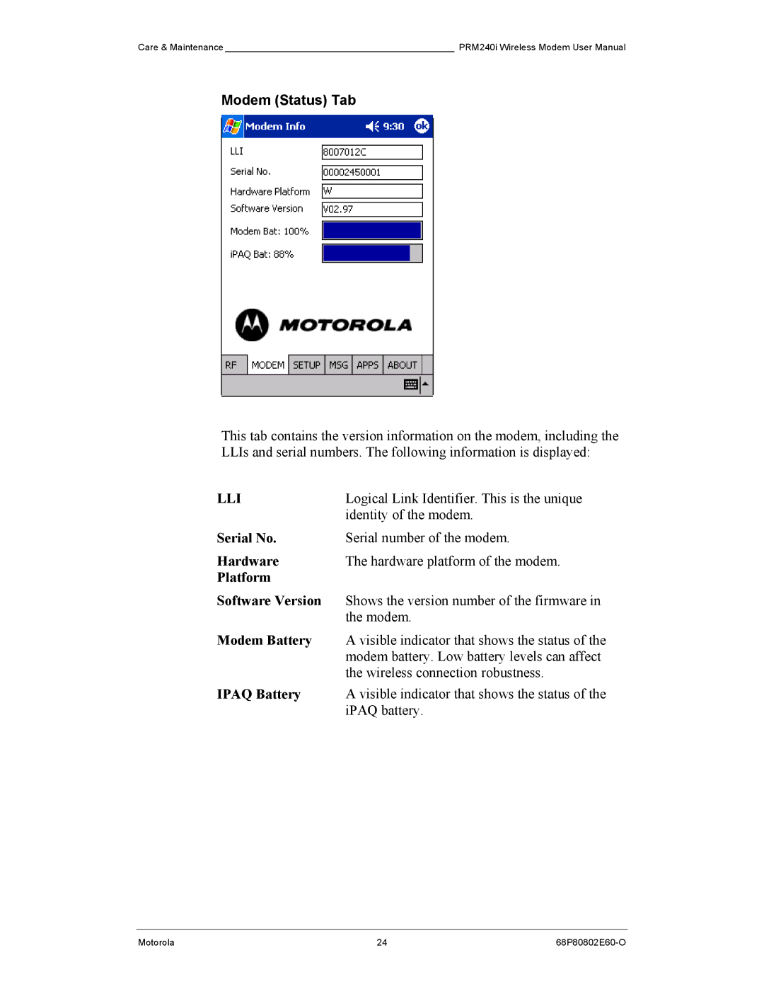 Motorola PRM240 i user manual Modem Status Tab 