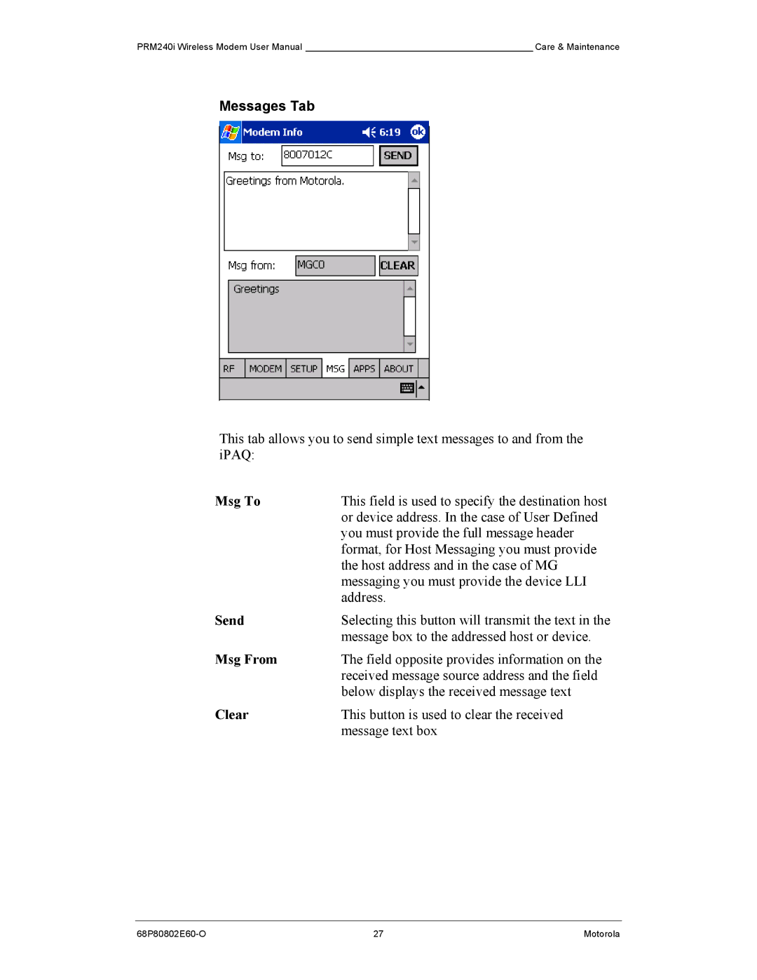 Motorola PRM240 i user manual Messages Tab, Msg To, Send, Msg From, Clear 