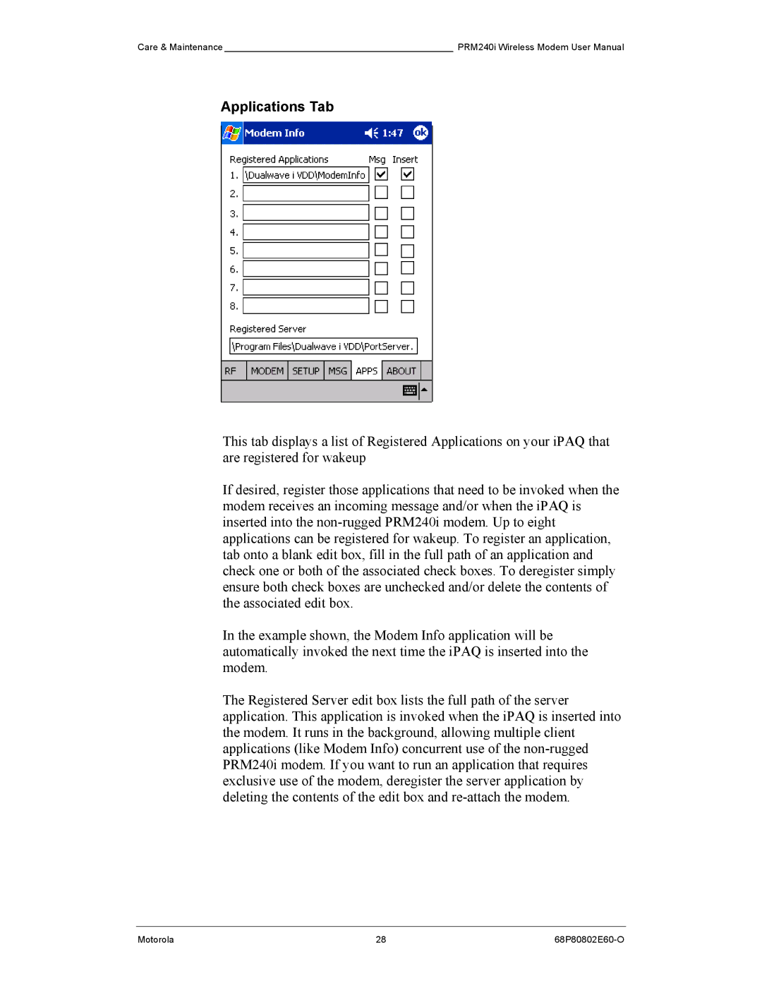 Motorola PRM240 i user manual Applications Tab 