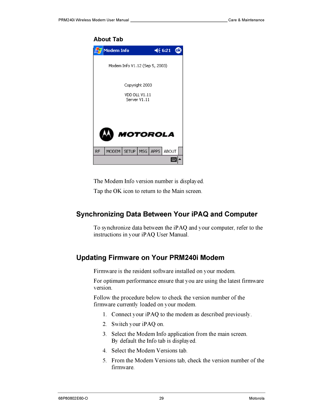 Motorola PRM240 i user manual About Tab 