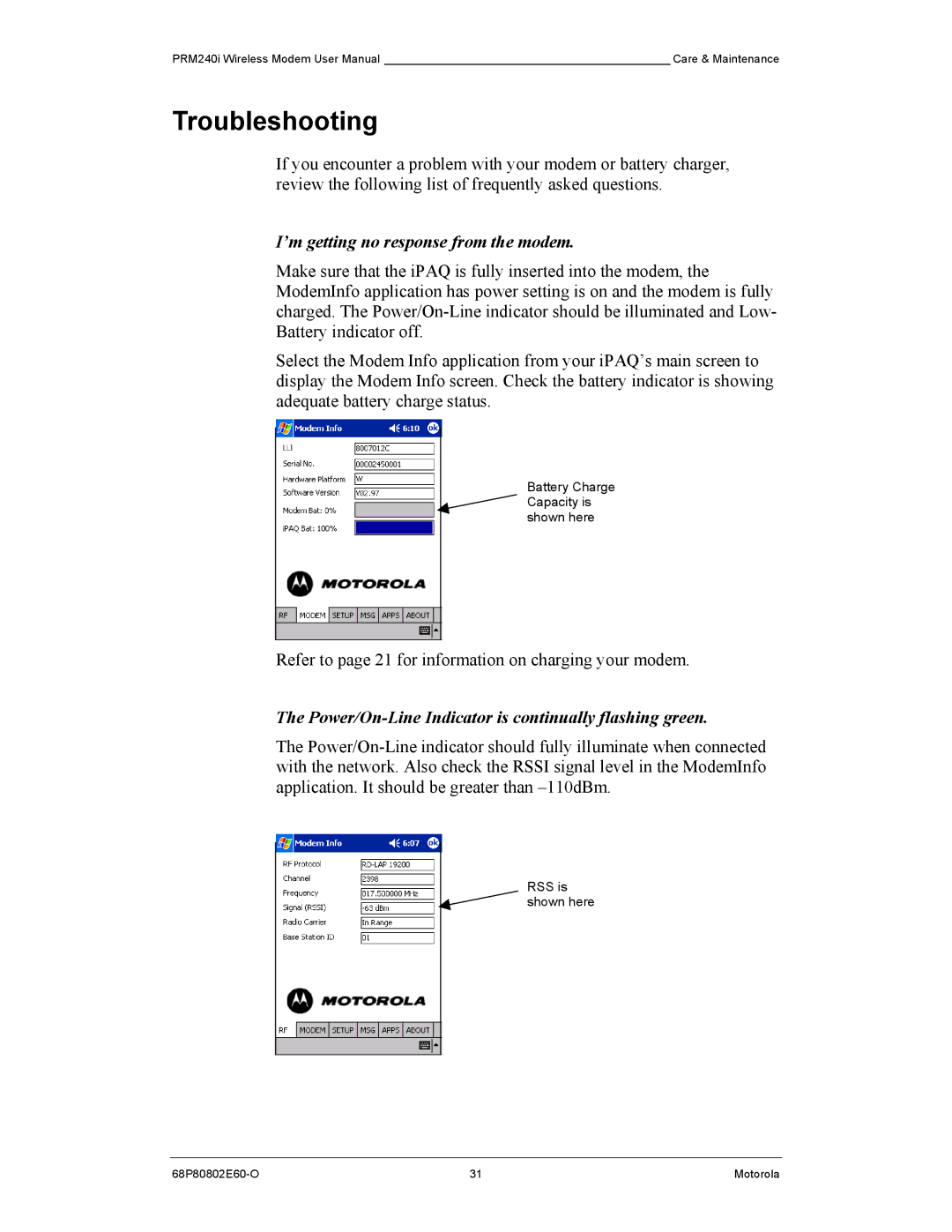 Motorola PRM240 i user manual Troubleshooting, ’m getting no response from the modem 