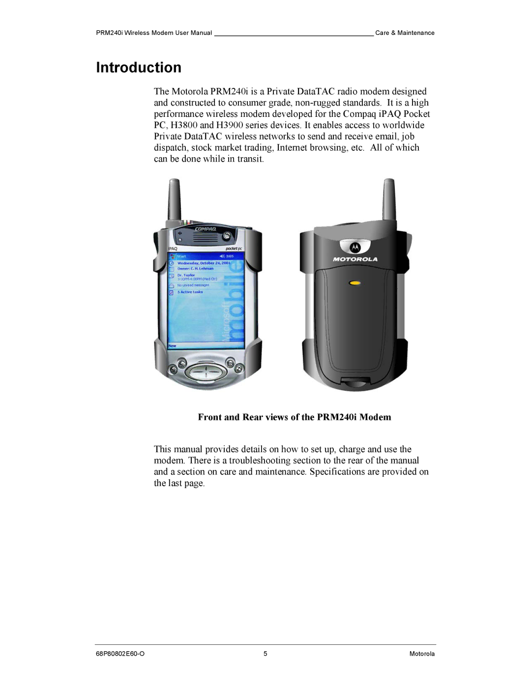 Motorola PRM240 i user manual Introduction, Front and Rear views of the PRM240i Modem 