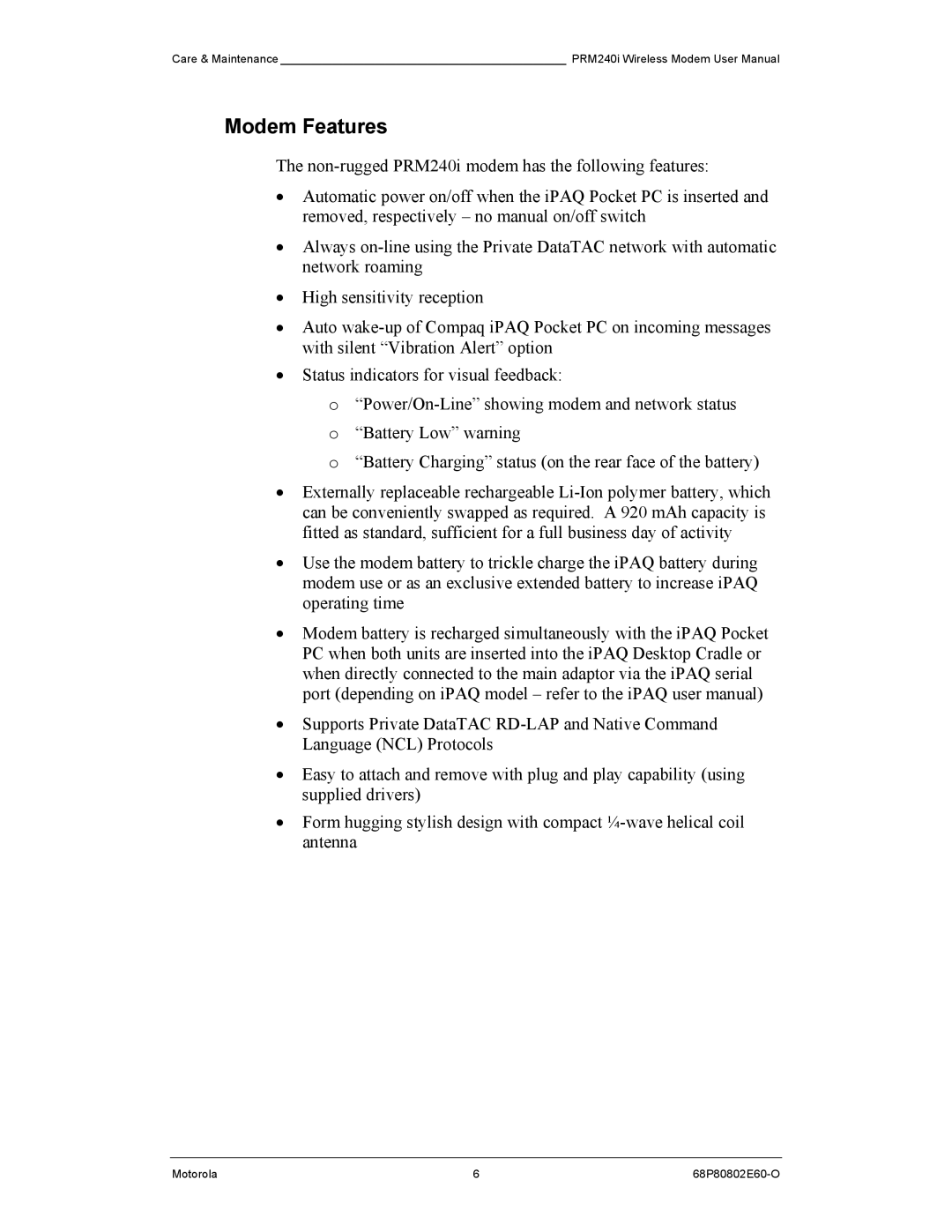 Motorola PRM240 i user manual Modem Features 