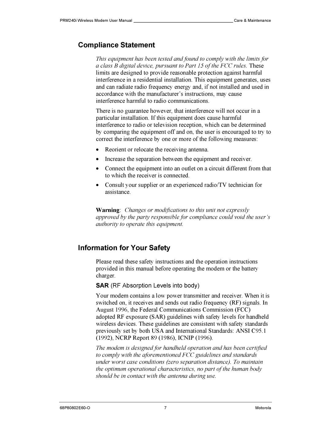 Motorola PRM240 i user manual Compliance Statement, Information for Your Safety 