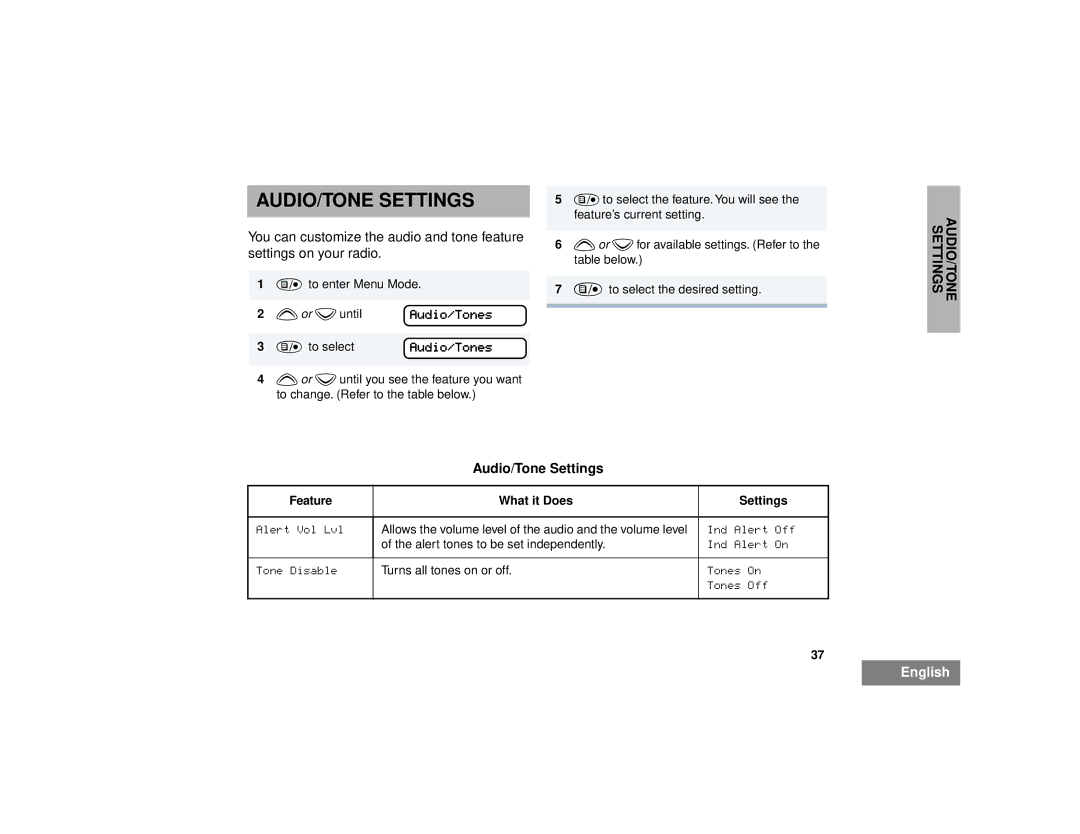 Motorola pro7100 manual AUDIO/TONE Settings, Audio/Tone Settings, Feature What it Does Settings 