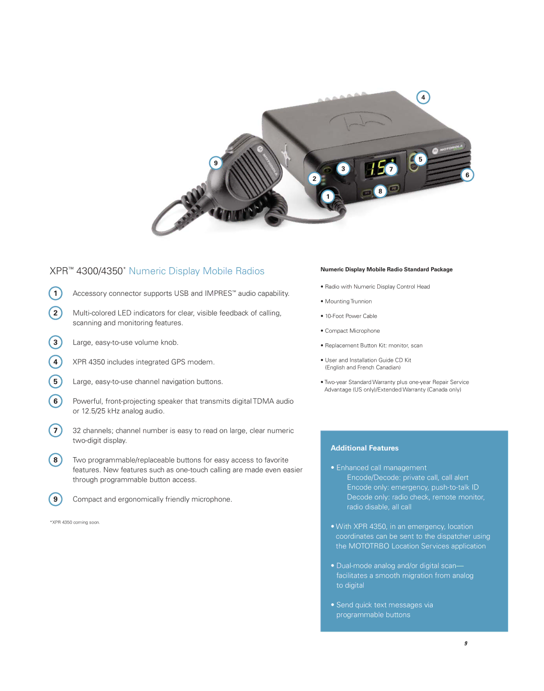 Motorola Professional Digital Two-Way Radio System brochure XPR 4300/4350* Numeric Display Mobile Radios 