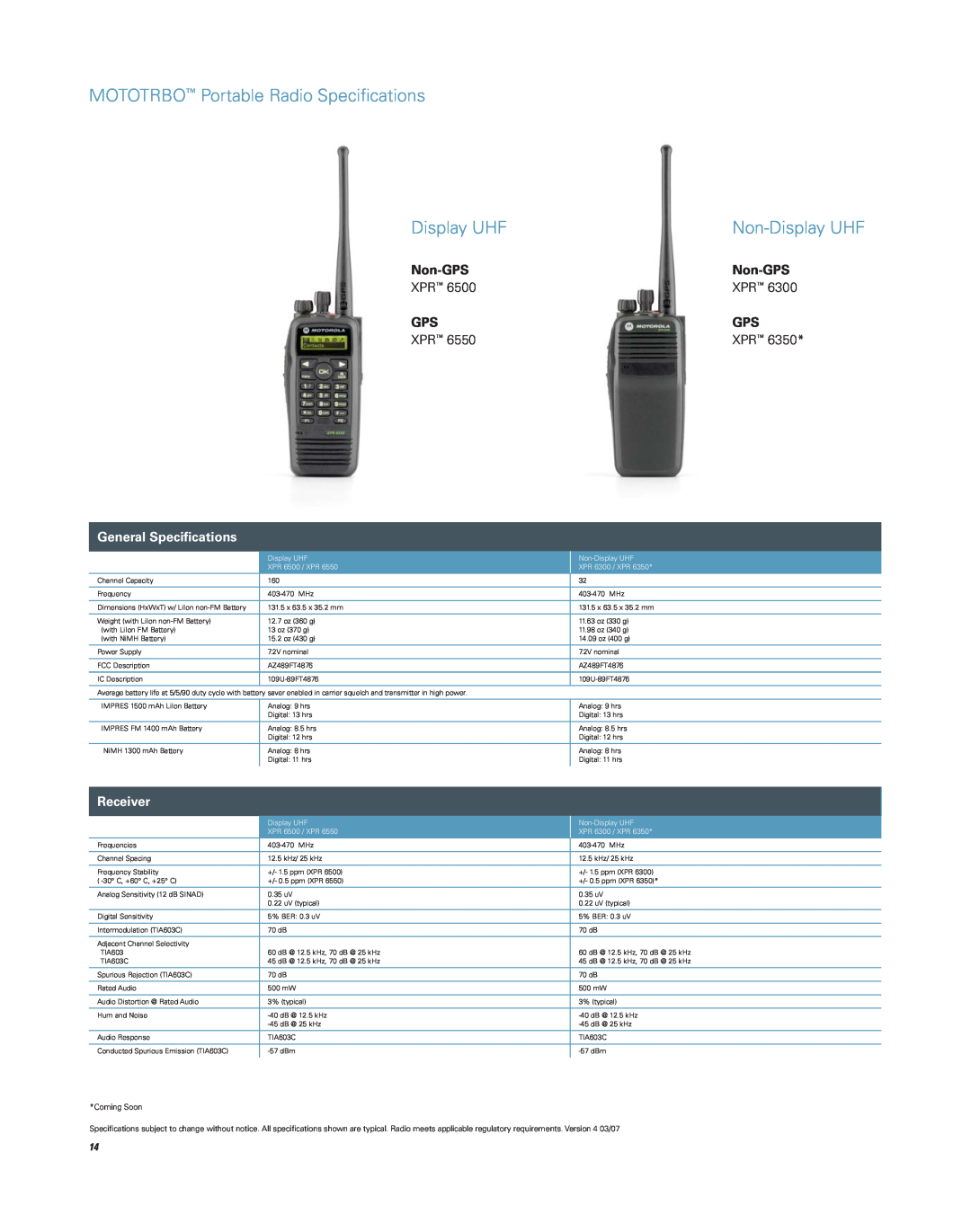 Motorola Professional Digital Two-Way Radio System MOTOTRBO Portable Radio Speciﬁcations, Non-Display UHF, Non-GPS 