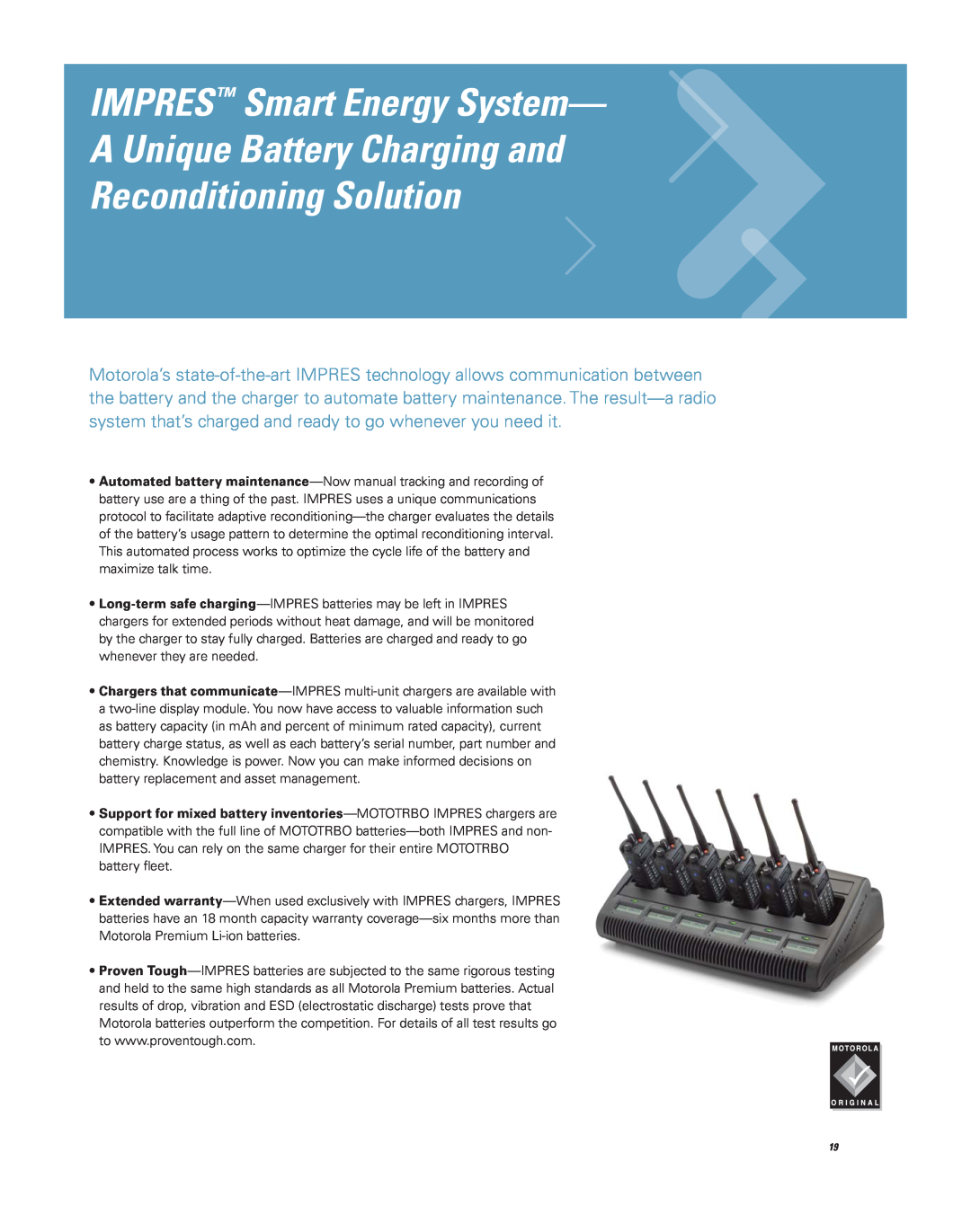 Motorola Professional Digital Two-Way Radio System brochure IMPRES Smart Energy System A Unique Battery Charging and 