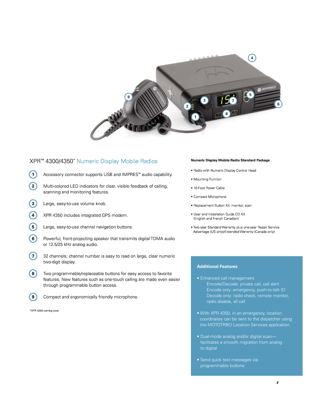Motorola Professional Digital Two-Way Radio System brochure XPR 4300/4350* Numeric Display Mobile Radios 