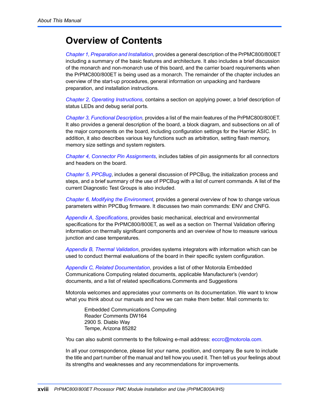 Motorola PRPMC800A/IH5, PrPMC800/800ET Processor PMC Module manual Overview of Contents 