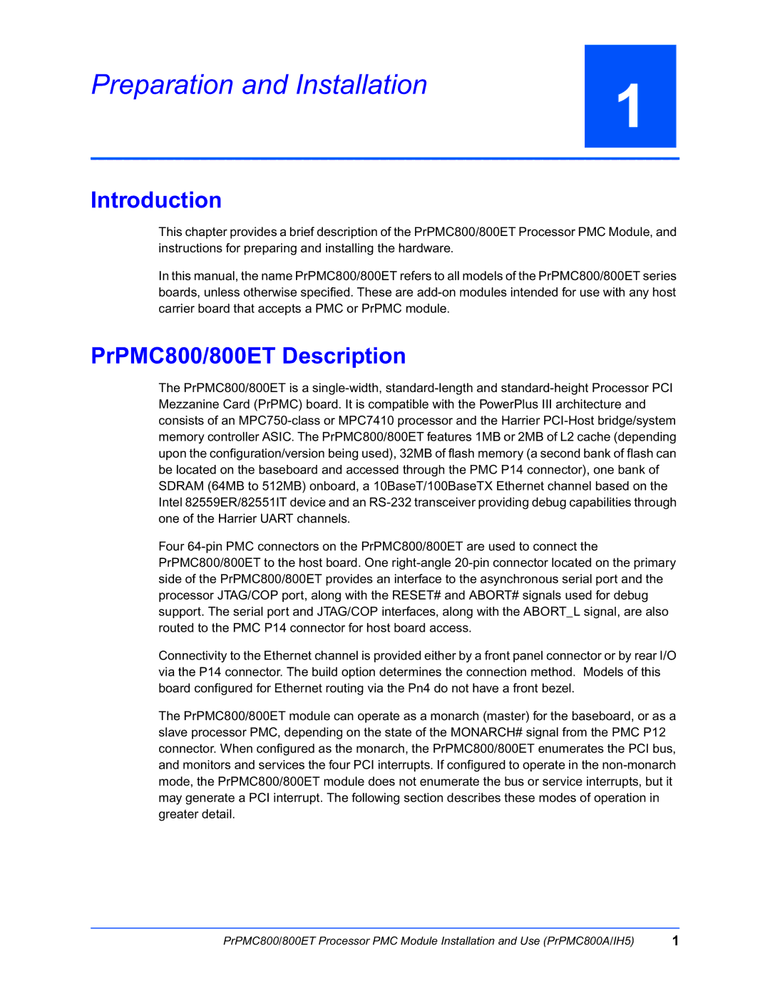 Motorola PrPMC800/800ET Processor PMC Module manual Preparation and Installation, Introduction, PrPMC800/800ET Description 