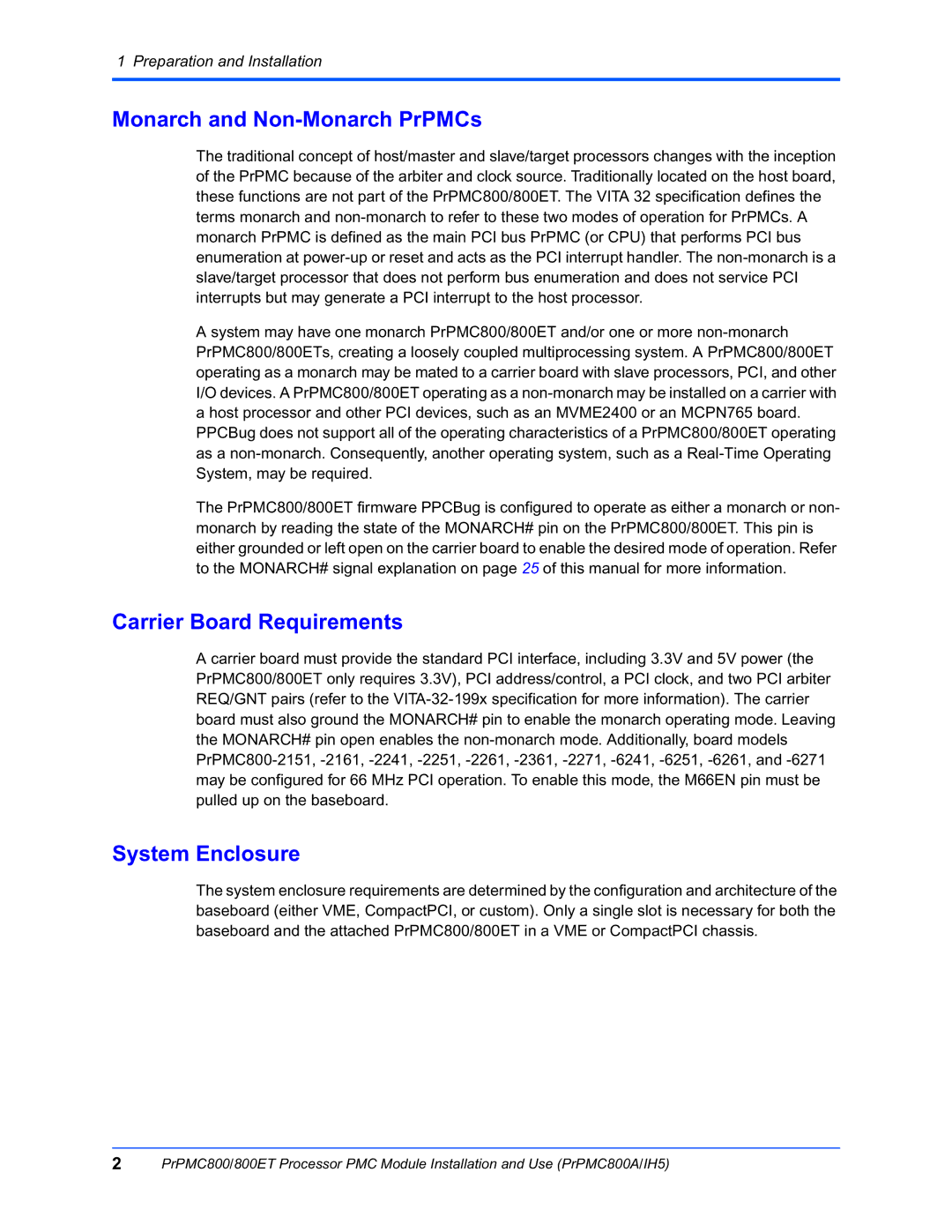 Motorola PRPMC800A/IH5 manual Monarch and Non-Monarch PrPMCs, Carrier Board Requirements, System Enclosure 