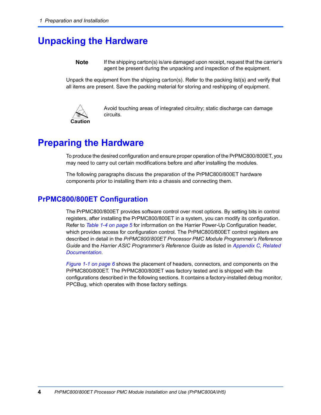 Motorola PRPMC800A/IH5 manual Unpacking the Hardware, Preparing the Hardware, PrPMC800/800ET Configuration 