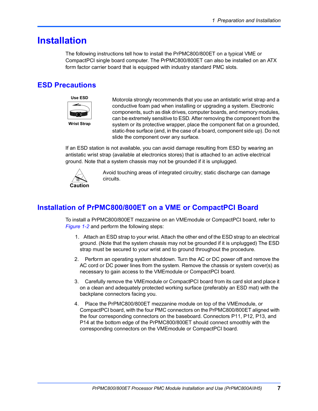 Motorola PrPMC800/800ET Processor PMC Module, PRPMC800A/IH5 manual Installation, ESD Precautions 