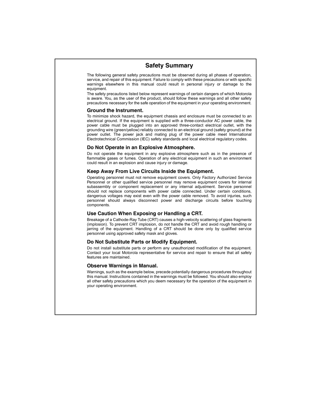 Motorola PrPMC800/800ET Processor PMC Module manual Ground the Instrument, Do Not Operate in an Explosive Atmosphere 