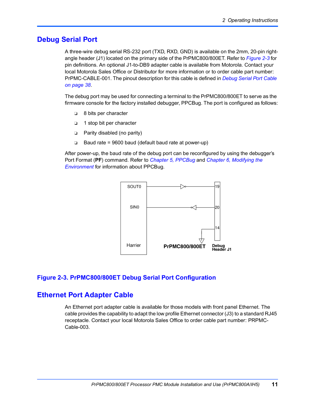 Motorola PrPMC800/800ET Processor PMC Module manual Debug Serial Port, Ethernet Port Adapter Cable, PrPMC800/800ET Debug 