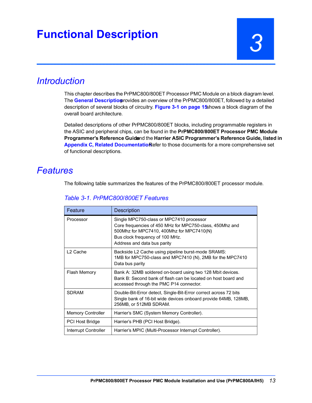 Motorola PrPMC800/800ET Processor PMC Module Functional Description, PrPMC800/800ET Features, Feature Description 