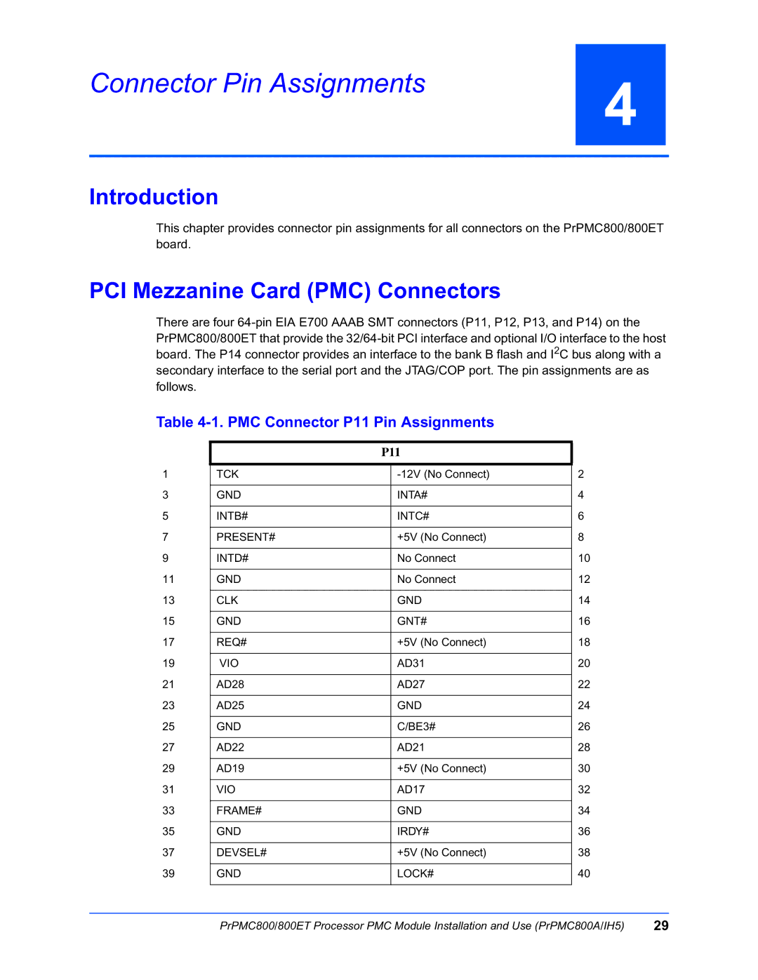 Motorola PrPMC800/800ET Processor PMC Module, PRPMC800A/IH5 Connector Pin Assignments, PCI Mezzanine Card PMC Connectors 