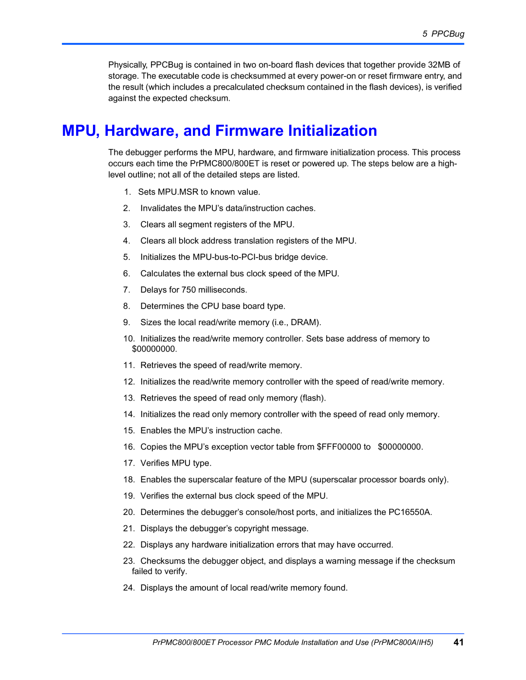 Motorola PrPMC800/800ET Processor PMC Module, PRPMC800A/IH5 manual MPU, Hardware, and Firmware Initialization 