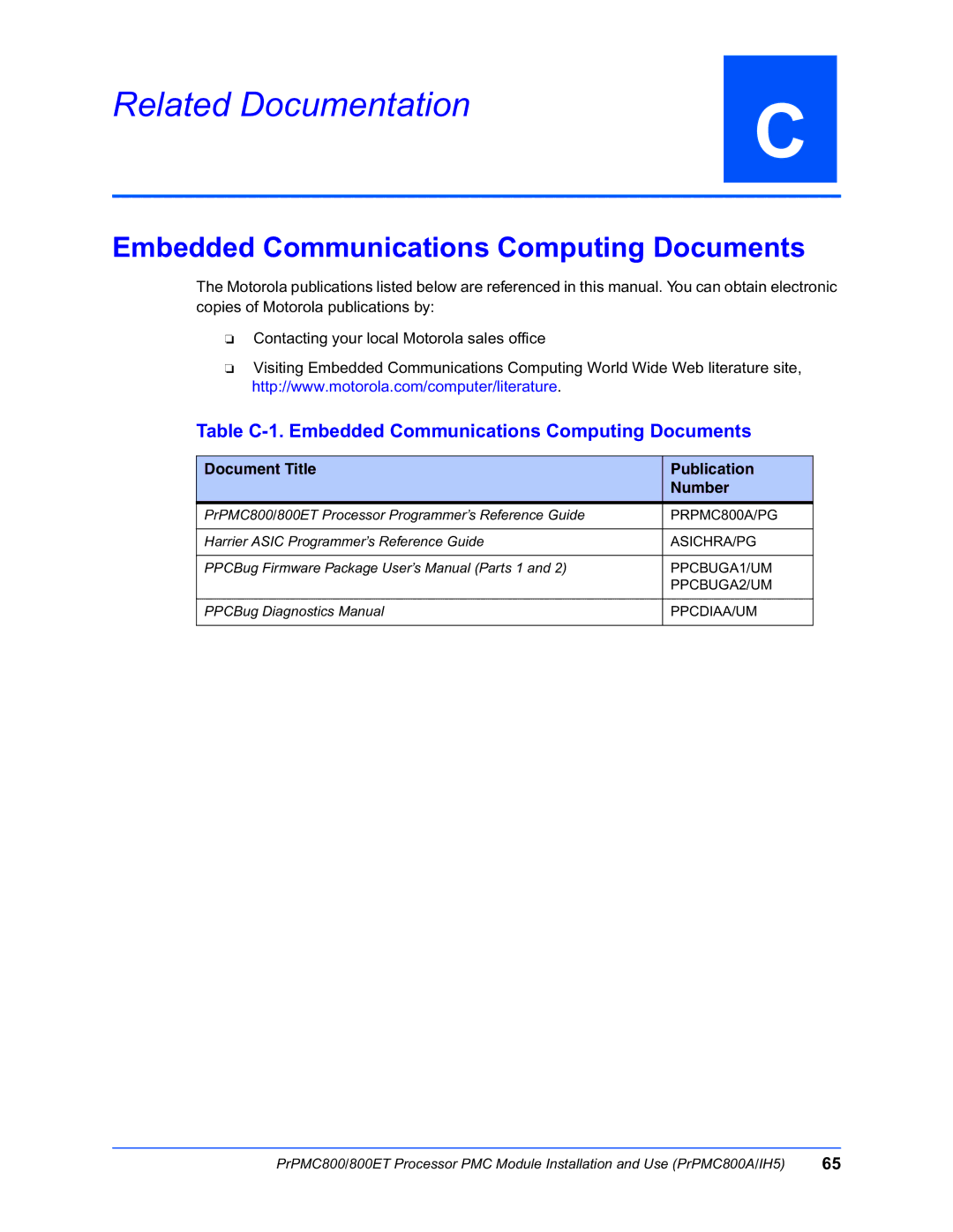 Motorola PrPMC800/800ET Processor PMC Module manual Related Documentation, Embedded Communications Computing Documents 