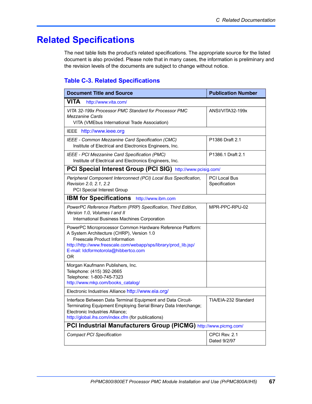 Motorola PrPMC800/800ET Processor PMC Module, PRPMC800A/IH5 manual Table C-3. Related Specifications 