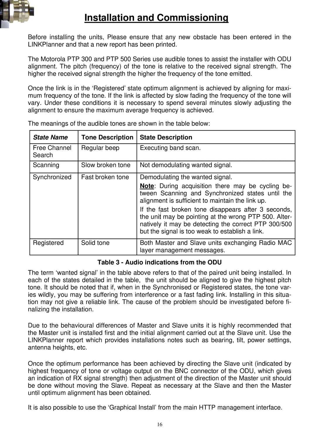 Motorola PTP 300 Installation and Commissioning, Tone Description State Description, Audio indications from the ODU 