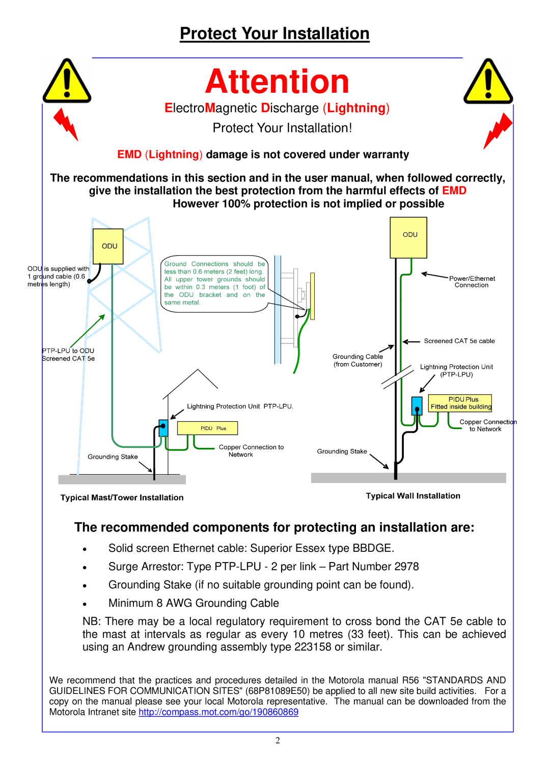 Motorola PTP 300, PTP 500 Protect Your Installation, Recommended components for protecting an installation are 