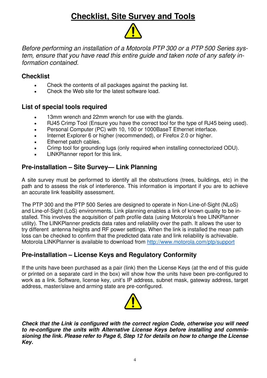 Motorola PTP 300, PTP 500 installation instructions Checklist, Site Survey and Tools 