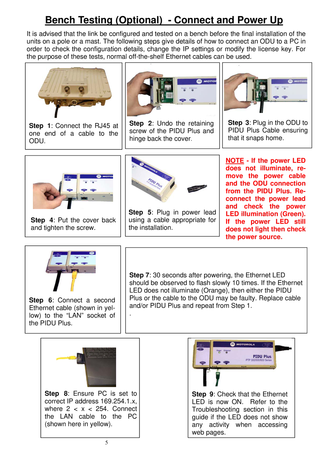 Motorola PTP 500, PTP 300 installation instructions Bench Testing Optional Connect and Power Up 