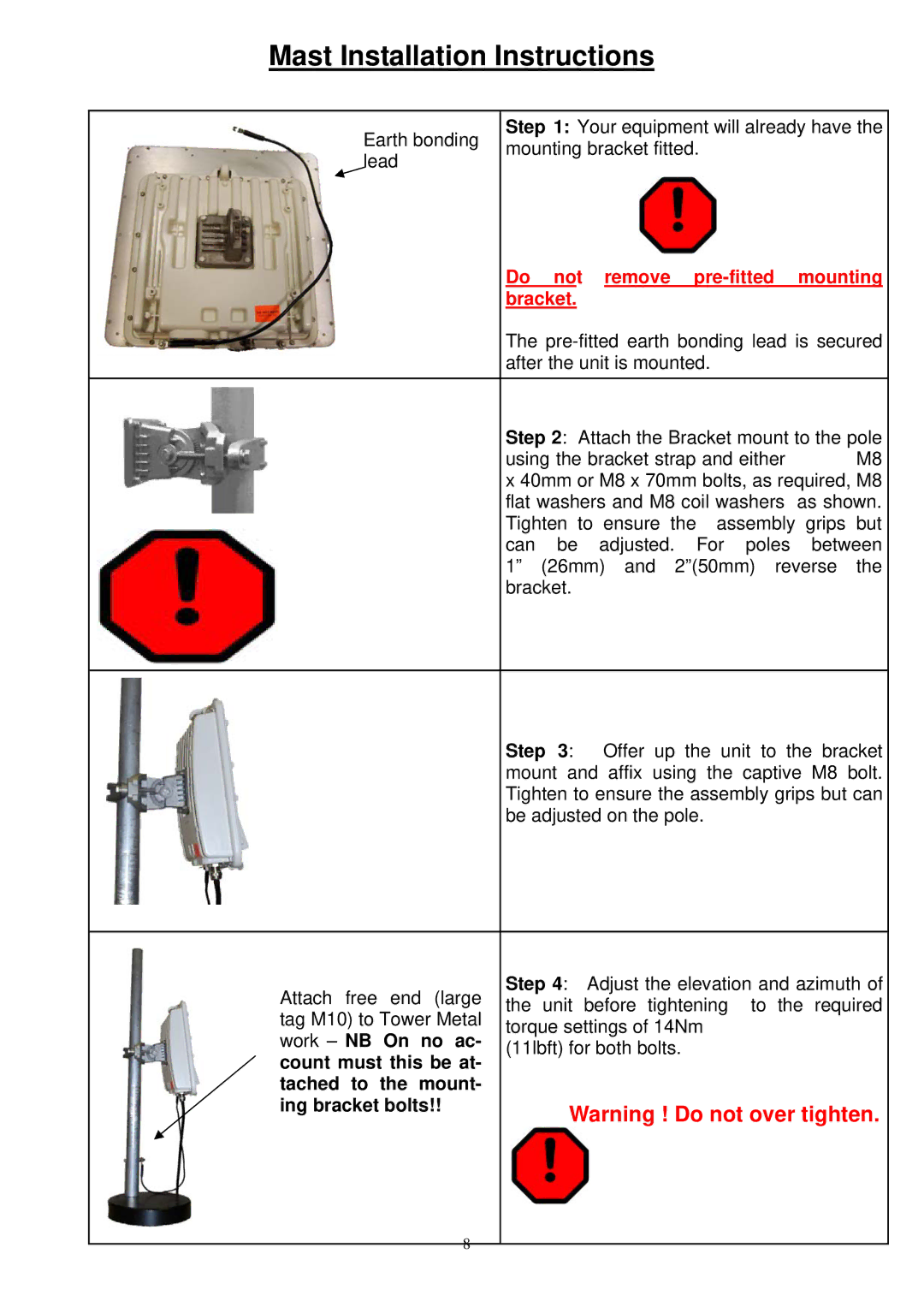 Motorola PTP 300, PTP 500 installation instructions Mast Installation Instructions, Work NB On no ac, Count must this be at 