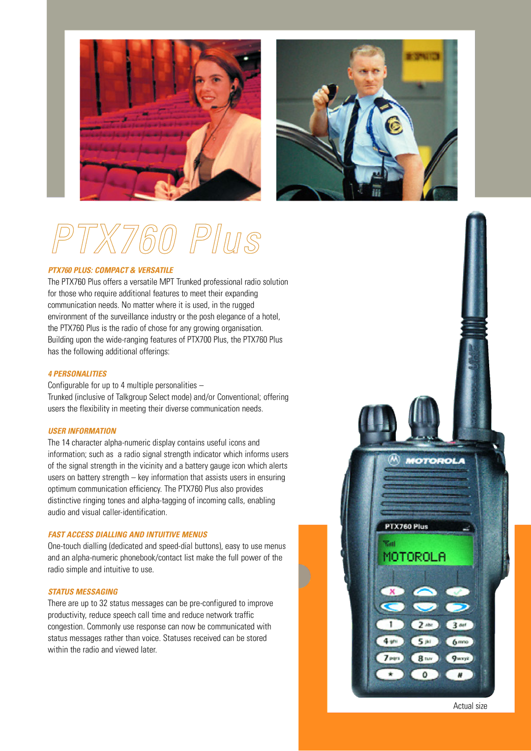 Motorola PTX760 PLUS, PTX700 PLUS manual Configurable for up to 4 multiple personalities, Actual size 