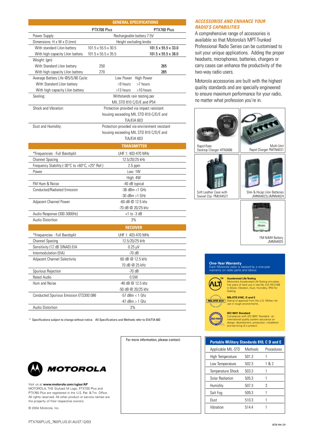 Motorola PTX700 PLUS, PTX760 PLUS manual Accessorise and Enhance Your RADIO’S Capabilities, General Specifications 