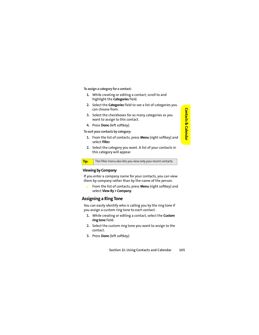 Motorola Q 9c manual Assigning a Ring Tone, Viewing by Company, To assign a category for a contact, 105 