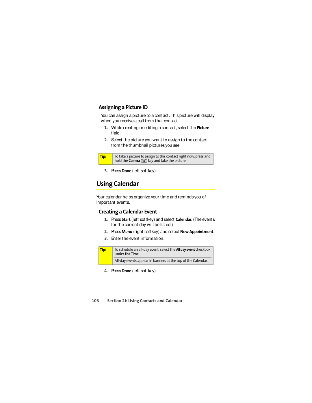 Motorola Q 9c manual Using Calendar, Assigning a Picture ID, Creating a Calendar Event 