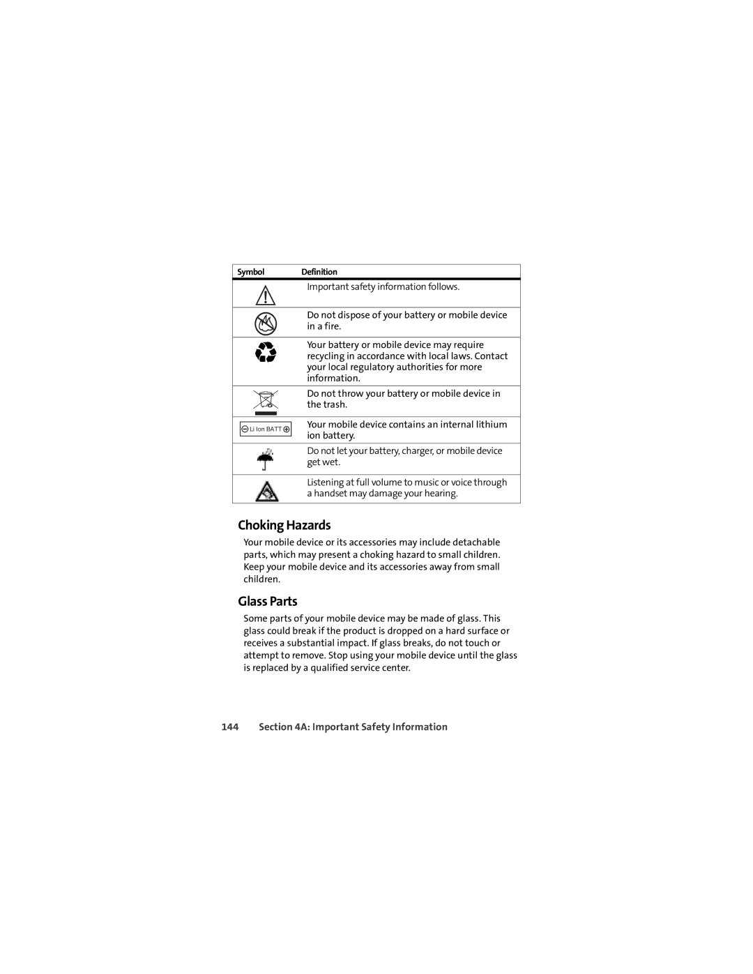 Motorola Q 9c manual Choking Hazards, Glass Parts 