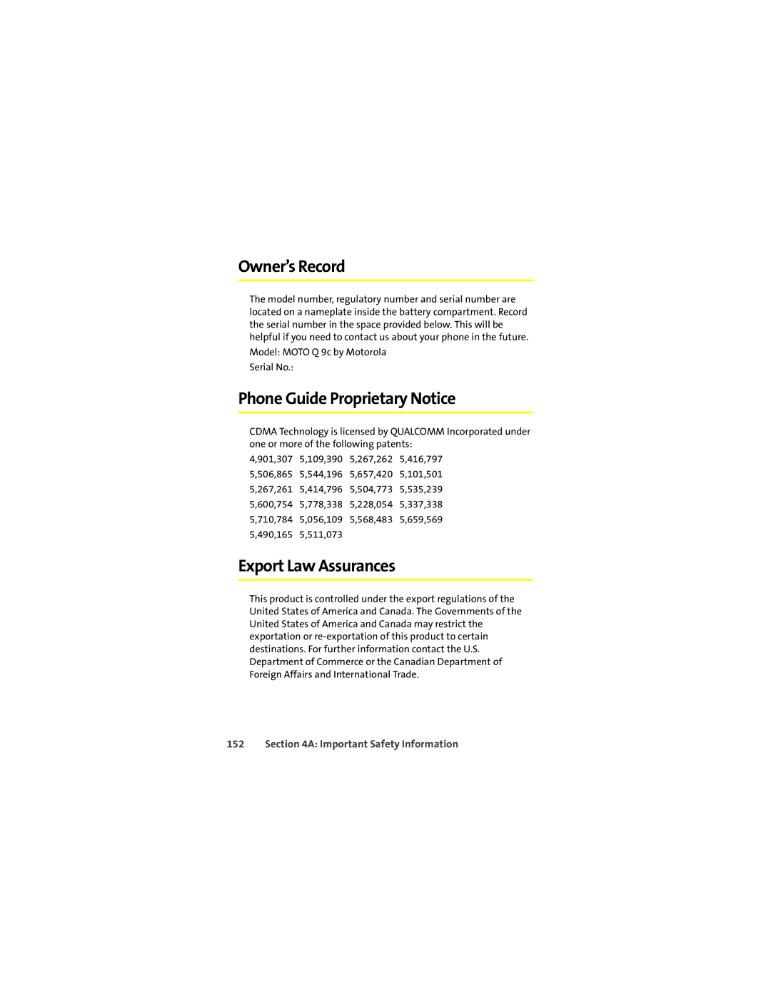 Motorola Q 9c manual Owner’s Record, Phone Guide Proprietary Notice, Export Law Assurances 