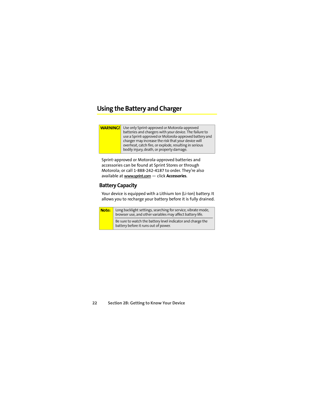 Motorola Q 9c manual Using the Battery and Charger, Battery Capacity 