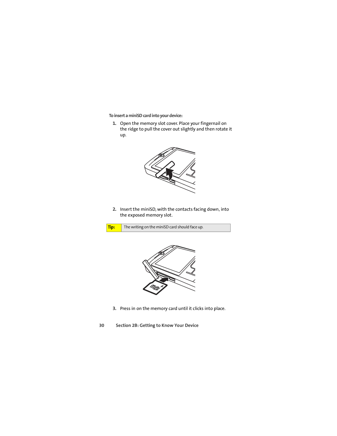 Motorola Q 9c manual To insert a miniSD card into your device 